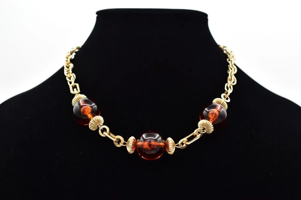 Vintage Collar Necklace Tortoise Station Gold Tone Chain Chunky 1980s BinBJ